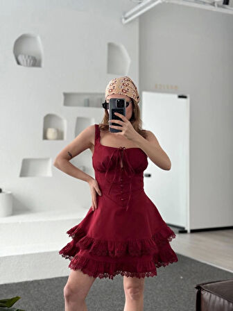 Fırfırlı Askılı Mini Elbise - Bordo