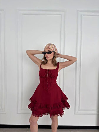 Fırfırlı Askılı Mini Elbise - Bordo