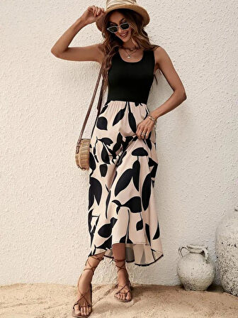 Kadın Askılı Yuvarlak Yaka üst Viskon Alt Desenli Uzun Süprem Elbise