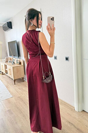 Dik Yuvarlak Yaka Önden Fermuarlı Sifir Kol Beli Oturtmalı Kolsuz Cepli Çan Etekli Uzun Elbise - Bordo