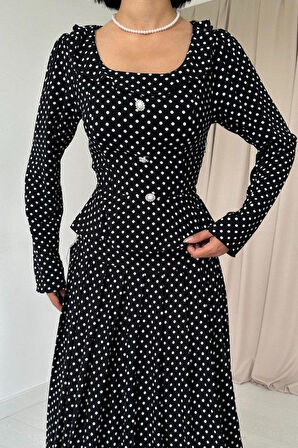 Siyah Puantiye Desenli Volanlı Elbise