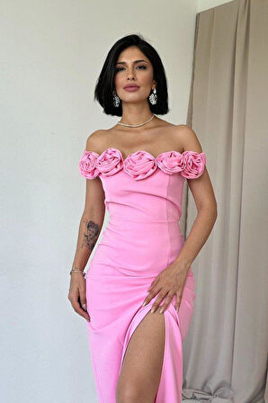 Pembe Madonna Yaka Güllü Elbise