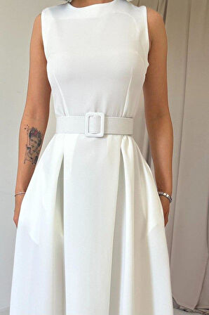 Ekru Halter Yaka Kloş Elbise