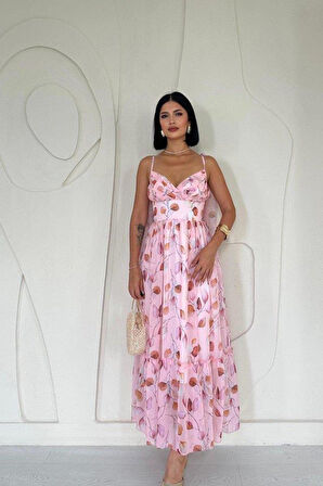 Pudra Şifon Drapeli Elbise