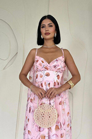 Pudra Şifon Drapeli Elbise