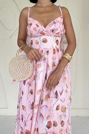 Pudra Şifon Drapeli Elbise