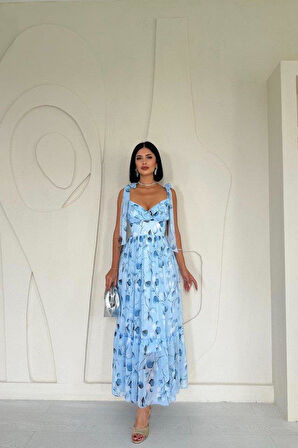 Mavi Şifon Drapeli Elbise