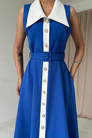 Saks Geniş Yakalı Halter Kollu Elbise