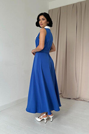 Saks Geniş Yakalı Halter Kollu Elbise