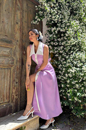 Lila Geniş Yakalı Halter Kollu Elbise
