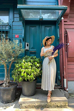 Bej Askısı Lastikli Keten Elbise