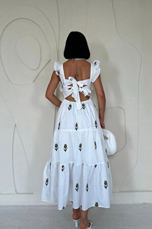 Yeşil Sıfır Kol Fırfırlı Elbise