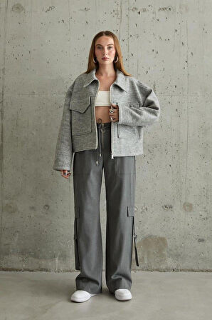 Gri Önden Fermuarlı Pantolon