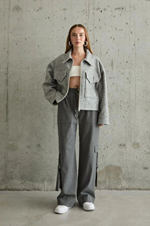 Gri Önden Fermuarlı Pantolon