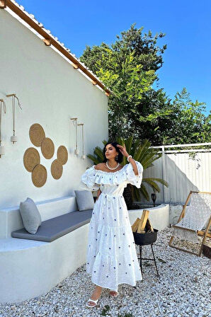 Lila Omuzları Lastikli Brode Elbise