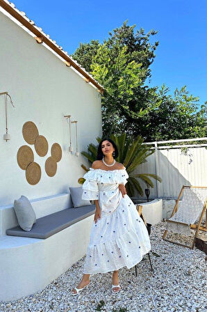 Lila Omuzları Lastikli Brode Elbise