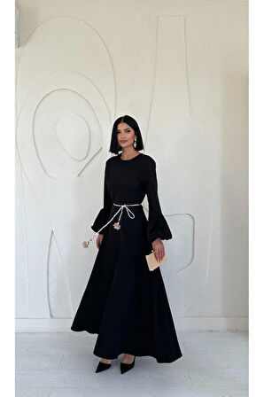 Haki Balon Kollu Kuşaklı Elbise