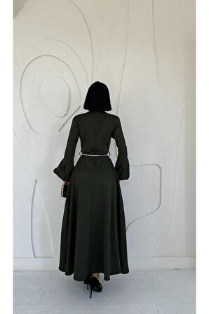 Haki Balon Kollu Kuşaklı Elbise