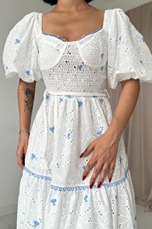 Mavi Dantel Detaylı Brode Elbise