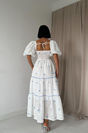 Mavi Dantel Detaylı Brode Elbise