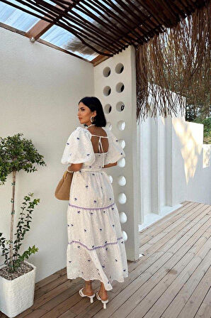 Lila Dantel Detaylı Brode Elbise