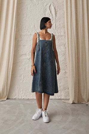 Mavi Askı Aparatlı Kot Elbise