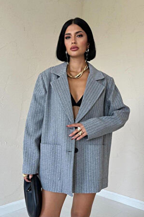Gri Çizgili Oversize Ceket