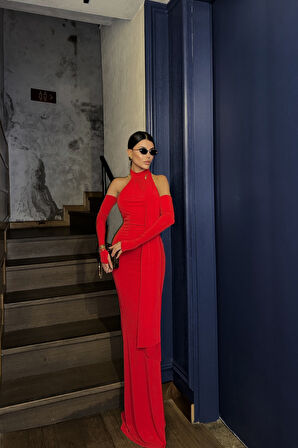 BOYUNDAN  BAĞLAMA DETAYLI ELDİVEN KOL SANDY ELBİSE - Kırmızı