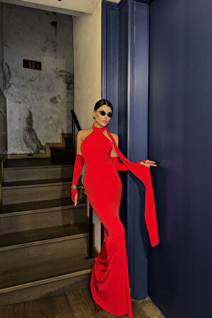 BOYUNDAN  BAĞLAMA DETAYLI ELDİVEN KOL SANDY ELBİSE - Kırmızı