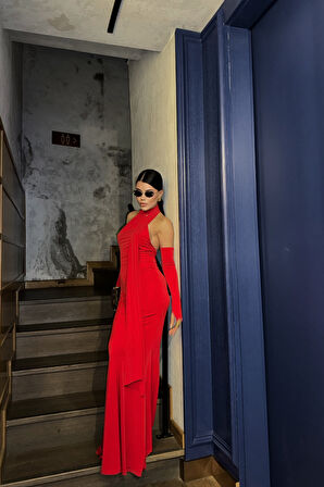 BOYUNDAN  BAĞLAMA DETAYLI ELDİVEN KOL SANDY ELBİSE - Kırmızı