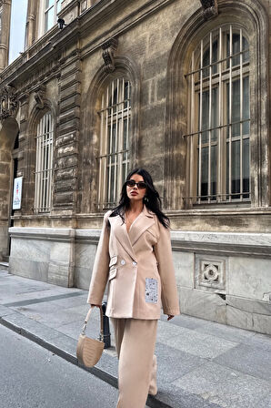 TASARIM ETİKET DETAYLI CEKET - PANTOLON TAKIM - Bej