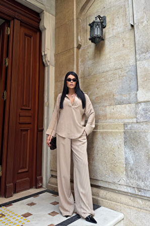 ÇİZGİLİ BLUZ  - PANTOLON TAKIM - Bej