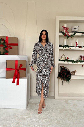 Leopar Önü Yırtmaçlı V Yaka Elbise