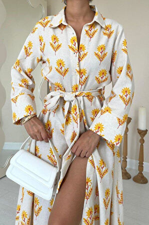 Bej Desenli Ve Önü Düğmeli Keten Elbise