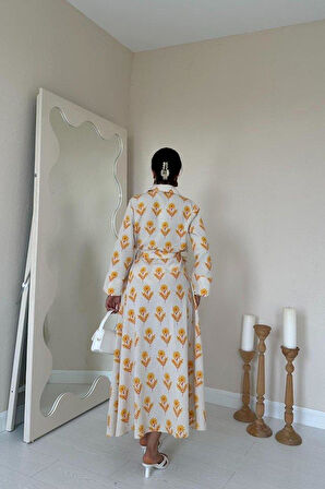 Bej Desenli Ve Önü Düğmeli Keten Elbise