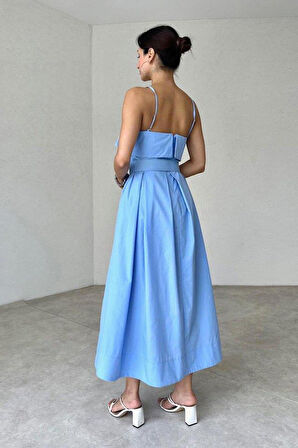 Mavi Beli Kemerli Pileli Elbise