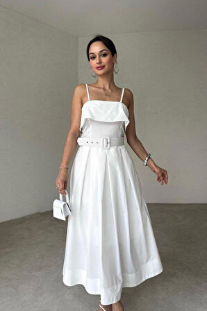 Beyaz Beli Kemerli Pileli Elbise