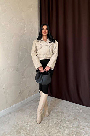 Bej Kuşgözü Kaşe Manto