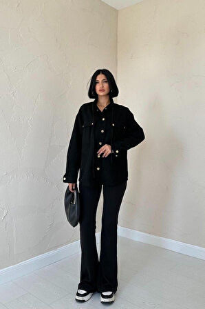 Siyah Çıtçıtlı Süet Gömlek