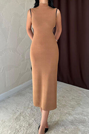 Kahverengi Biyeli Triko Elbise