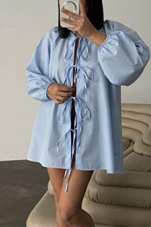 GÖMLEK POPLİN HAKİM YAKA ÖNDEN BAĞLAMA İP DETAYLI - Mavi