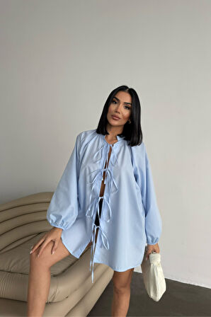 GÖMLEK POPLİN HAKİM YAKA ÖNDEN BAĞLAMA İP DETAYLI - Mavi