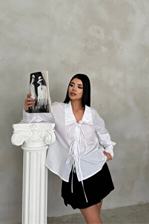 OKUL YAKA POPLİN GÖMLEK İP BAĞLAMA DETAYLI - Beyaz