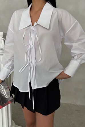 OKUL YAKA POPLİN GÖMLEK İP BAĞLAMA DETAYLI - Beyaz