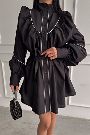 ÖNDEN DÜĞMELİ POPLİN KLOŞ ELBİSE BAĞLAMA KEMER DETAYLI - Siyah