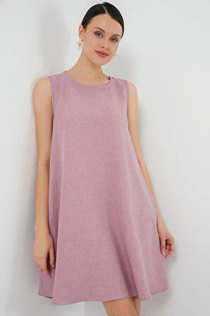 2444 Mini Keten Elbise - Pembe
