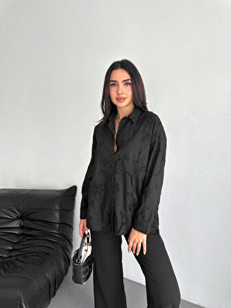 Nakışlı Uzun Kollu Gömlek - Siyah