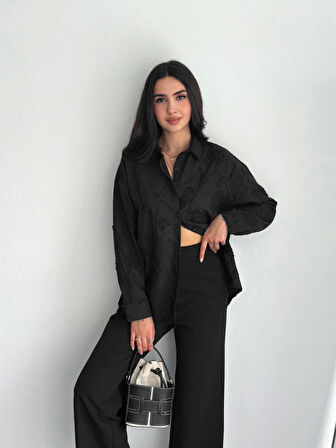 Nakışlı Uzun Kollu Gömlek - Siyah