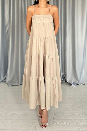 Taş Askılı Parçalı Müslin Elbise