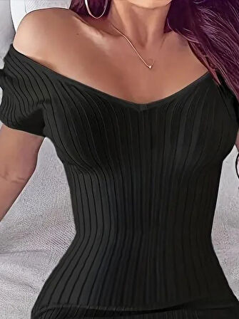 Kadın Kısa Kollu V Yaka Geniş Fitilli Mini Triko Elbise